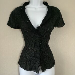 Y2K Black Lace Cutout Crinkle Whimsigoth Witch Dark Feminine Romantic Blouse M